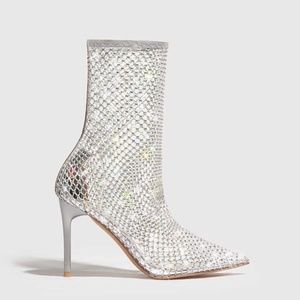 CUCCOO Trending Rhinestone Decor Hollow Out Stiletto Heeled Sandal Boots